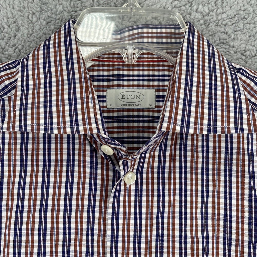 Eton Dress Shirt Mens 16 41 Contemporary Blue Brown Plaid Long Sleeve Spread
